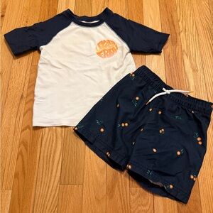 Navy and White Kids' rash guard and swim trunks with Orange Accents